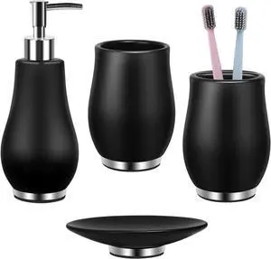 Bathroom Accessories Set 4 Pcs Toothbrush Holder Soap Dispenser Ceramic Bathroom Accessory Set with Toothbrush Cup Soap Dish Tumbler Black Bathroom Accessories Set 4 Pcs Toothbrush Holder Soap Dispenser Ceramic Bathroom Accessory Set with Toothbrush Cup Soap Dish Tumbler Black