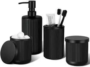 Matte Black Bathroom Accessories Set, 4 Pcs Glass Bathroom Accessory Set, Soap Dispenser, Toothbrush Holder, Qtip Holder Set, Bathroom Sets Complete, Bathroom Sink Set for Modern Home Decor Matte Black Bathroom Accessories Set, 4 Pcs Glass Bathroom Accessory Set, Soap Dispenser, Toothbrush Holder, Qtip Holder Set, Bathroom Sets Complete, Bathroom Sink Set for Modern Home Decor