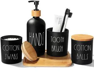 Matte Black Bathroom Accessories Set, 5 Pcs Glass Bathroom Accessory Set with Bamboo Tray, Soap Dispenser and Toothbrush Holder Set, Qtip Holder Set, Farmhouse Boho Bathroom Set Complete Matte Black Bathroom Accessories Set, 5 Pcs Glass Bathroom Accessory Set with Bamboo Tray, Soap Dispenser and Toothbrush Holder Set, Qtip Holder Set, Farmhouse Boho Bathroom Set Complete