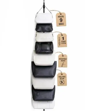 Handbag and Purse Organizer | Hold up to 9 Bags | Over the Door Organizer | Adjustable Clips | 1 Strap | Black Handbag and Purse Organizer | Hold up to 9 Bags | Over the Door Organizer | Adjustable Clips | 1 Strap | Black