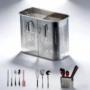 Stainless Steel Kitchen Utensil Holder with Hooks, 2-Tier Stainless Steel 304 Utensil Holder,Rustproof Heavy Duty Dish Drainer for Kitchen Sink Countertop,5.51x4.33x2.76 Inch Stainless Steel Kitchen Utensil Holder with Hooks, 2-Tier Stainless Steel 304 Utensil Holder,Rustproof Heavy Duty Dish Drainer for Kitchen Sink Countertop,5.51x4.33x2.76 Inch