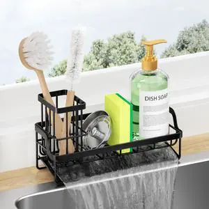 Sponge Holder for Kitchen Sink - Sink Caddy with Stainless Steel Self Drain Tray, Sink Organizer with High Brush Holder Countertop for Kitchen Sink Accessories, Black Sponge Holder for Kitchen Sink - Sink Caddy with Stainless Steel Self Drain Tray, Sink Organizer with High Brush Holder Countertop for Kitchen Sink Accessories, Black