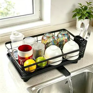 Drying Rack for Kitchen Counter, Compact Black Single Tier with Utensil Holder & Drainboard, for Mugs Bowls Cups and Utensils Drying Rack for Kitchen Counter, Compact Black Single Tier with Utensil Holder & Drainboard, for Mugs Bowls Cups and Utensils