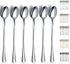 Stainless Steel 7.5" Long Handle Iced Tea Spoons - Mixing, Coffee, Stirring, Cocktail & Latte Spoons - Pack of 6 Stainless Steel 7.5" Long Handle Iced Tea Spoons - Mixing, Coffee, Stirring, Cocktail & Latte Spoons - Pack of 6