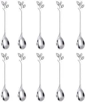 Elegant Silver Leaf Coffee Spoons - 10-Piece, 4.7" Mini Spoon Elegant Silver Leaf Coffee Spoons - 10-Piece, 4.7" Mini Spoon