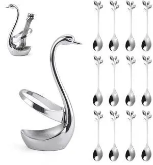 Stainless Steel Silver Creative Dinnerware Set OIULO - Decorative Swan Base Holder with 12 Leaf Spoons for Coffee, Fruit,Dessert,Stirring, Mixing, Sugar, Stir, Ice Cream, Cake, Teaspoon (Silver) Stainless Steel Silver Creative Dinnerware Set OIULO - Decorative Swan Base Holder with 12 Leaf Spoons for Coffee, Fruit,Dessert,Stirring, Mixing, Sugar, Stir, Ice Cream, Cake, Teaspoon (Silver)