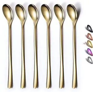 Gold Long Handle Coffee Spoons, Premium Stainless Steel Stirrers for Ice Tea, Ice Cream, Cocktails - Set of 6 Gold Long Handle Coffee Spoons, Premium Stainless Steel Stirrers for Ice Tea, Ice Cream, Cocktails - Set of 6