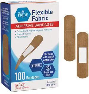 Fabric Adhesive Bandages,Hypoallergenic,Latex-Free,3/4x3 in,100 Fabric Adhesive Bandages,Hypoallergenic,Latex-Free,3/4x3 in,100