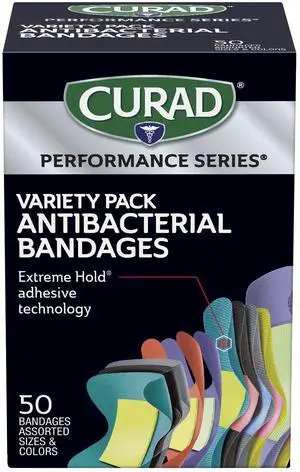 Performance Series Antibacterial Bandages, Extreme Hold Adhesive Technology, Finger & Knuckle Bandages, Flexible Fabric, Variety Pack with Assorted Sizes & Colors, 50 Count Performance Series Antibacterial Bandages, Extreme Hold Adhesive Technology, Finger & Knuckle Bandages, Flexible Fabric, Variety Pack with Assorted Sizes & Colors, 50 Count