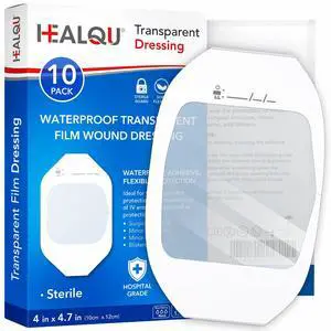 Transparent Film Dressing 4" x 4.75" (10 Pack) - Waterproof Adhesive Wound Bandages for Post-Surgical Shower, IV Shield, Tattoo Aftercare, Clear Breathable Dressing Patches by HEALQU Transparent Film Dressing 4" x 4.75" (10 Pack) - Waterproof Adhesive Wound Bandages for Post-Surgical Shower, IV Shield, Tattoo Aftercare, Clear Breathable Dressing Patches by HEALQU