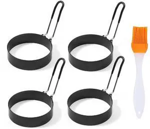 3.5" Egg Rings Set of 4 with Silicone Handle, Large Ring for Frying Eggs, Round Mold for English Muffins - Griddle Cooking Shaper for Indoor Camping Breakfast Sandwiches w/Silicone Oil Brush 3.5" Egg Rings Set of 4 with Silicone Handle, Large Ring for Frying Eggs, Round Mold for English Muffins - Griddle Cooking Shaper for Indoor Camping Breakfast Sandwiches w/Silicone Oil Brush