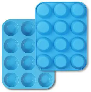 12-Cup Silicone Muffin Pan, Pack of 2 Non-Stick Muffin Molds, Baking Pan for Cupcake, Tarts, Egg Bites-Blue 12-Cup Silicone Muffin Pan, Pack of 2 Non-Stick Muffin Molds, Baking Pan for Cupcake, Tarts, Egg Bites-Blue