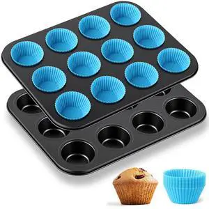 2 Set 12-cup Non Stick Carbon Steel Muffin Pan for Baking with 24 Reusable Silicone Liners, Non Toxic Cupcake Pan Muffin Tin for Easter Wedding Brownies Egg Bite, Easy to Pop(Blue) 2 Set 12-cup Non Stick Carbon Steel Muffin Pan for Baking with 24 Reusable Silicone Liners, Non Toxic Cupcake Pan Muffin Tin for Easter Wedding Brownies Egg Bite, Easy to Pop(Blue)