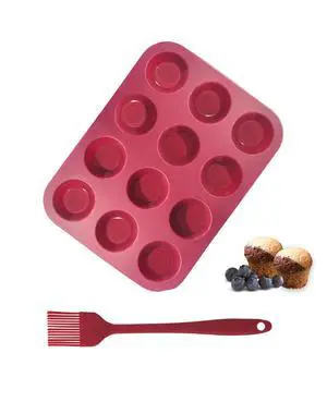 Silicone Muffin Pan, 12-Cup Cupcake Pan with Silicone Pastry Brush for Mini Egg Muffin, Keto Diet, BPA Free, Dark Red Silicone Muffin Pan, 12-Cup Cupcake Pan with Silicone Pastry Brush for Mini Egg Muffin, Keto Diet, BPA Free, Dark Red