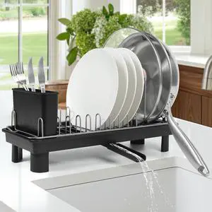 Small Dish Drying Rack for Kitchen Counter, Dish Rack with Detachable Utensil Holder and Draining Tray, Upgraded Load-Bearing Design for Plates Cutlery Pans and Pot Lids, Black Small Dish Drying Rack for Kitchen Counter, Dish Rack with Detachable Utensil Holder and Draining Tray, Upgraded Load-Bearing Design for Plates Cutlery Pans and Pot Lids, Black