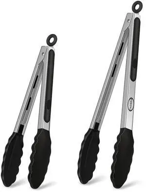 Stainless Steel Kitchen Tongs with Silicone Tips, Locking Grilling Food Tongs, 9" and 12", Set of 2 Black Stainless Steel Kitchen Tongs with Silicone Tips, Locking Grilling Food Tongs, 9" and 12", Set of 2 Black