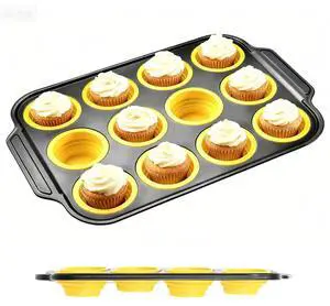 Collapsible Silicone Cupcake Pan, Egg Bites Silicone Mold & Donut Molds for Baking, 12-Cavity Pressable Tray, Perfect for Muffins, Egg Bites & Donuts Collapsible Silicone Cupcake Pan, Egg Bites Silicone Mold & Donut Molds for Baking, 12-Cavity Pressable Tray, Perfect for Muffins, Egg Bites & Donuts
