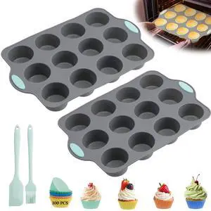 104 Pcs Silicone Muffin Pan Set, 2 Pcs 12 Cup Mini Nonstick Muffin Tray and 100 Pcs Cupcake Liners with 2 Pcs Utensils, Cupcake Molds with Handles, Dishwasher Safe, Heat Resistant to 428°F 104 Pcs Silicone Muffin Pan Set, 2 Pcs 12 Cup Mini Nonstick Muffin Tray and 100 Pcs Cupcake Liners with 2 Pcs Utensils, Cupcake Molds with Handles, Dishwasher Safe, Heat Resistant to 428°F