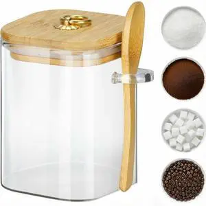 Glass Jars with Bamboo Lids and Spoons, 16 oz Glass Storage Containers Glass Jars with Bamboo Lids and Spoons, 16 oz Glass Storage Containers