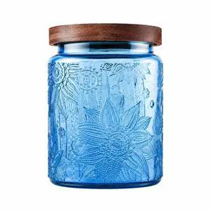 Candy Jar with Airtight Wood Lid 23.7 fl oz Glass Vintage Storage Canister for Kitchen Pantry Bathroom, brown sugar, coffee, cookie, salt, tea,Sunflower cute Jar (Blue, 23.7 floz) Candy Jar with Airtight Wood Lid 23.7 fl oz Glass Vintage Storage Canister for Kitchen Pantry Bathroom, brown sugar, coffee, cookie, salt, tea,Sunflower cute Jar (Blue, 23.7 floz)