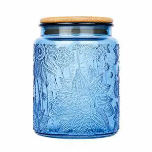 Blue Vintage Glass Candy Jar with Airtight Bamboo Lid, 23.7oz Kitchen Storage Canister for Sugar, Coffee, Tea, Cookies, Bath Salt - Decorative Mason Jar for Pantry & Counter(Blue, 23.7 fl oz) Blue Vintage Glass Candy Jar with Airtight Bamboo Lid, 23.7oz Kitchen Storage Canister for Sugar, Coffee, Tea, Cookies, Bath Salt - Decorative Mason Jar for Pantry & Counter(Blue, 23.7 fl oz)