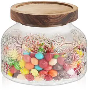 25 Oz Glass Candy Jar with Wooden Lid - Vintage Airtight Food Storage Container for Kitchen Pantry Office Decor, Clear Cookies Canister Organize Coffee Sugar Tea Spice Nuts Snacks 25 Oz Glass Candy Jar with Wooden Lid - Vintage Airtight Food Storage Container for Kitchen Pantry Office Decor, Clear Cookies Canister Organize Coffee Sugar Tea Spice Nuts Snacks