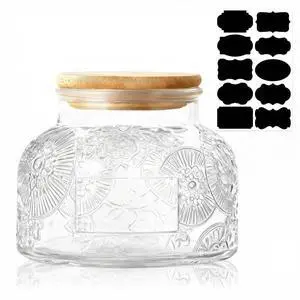 Vintage Glass Jar with Bamboo Lid - 24 OZ Airtight Canister with Label, for Kitchen Pantry Bathroom, Decorative Storage Container for Sugar, Bath Salt, Coffee, Tea, Oats, Candy, Cookie, Spider Lily Vintage Glass Jar with Bamboo Lid - 24 OZ Airtight Canister with Label, for Kitchen Pantry Bathroom, Decorative Storage Container for Sugar, Bath Salt, Coffee, Tea, Oats, Candy, Cookie, Spider Lily