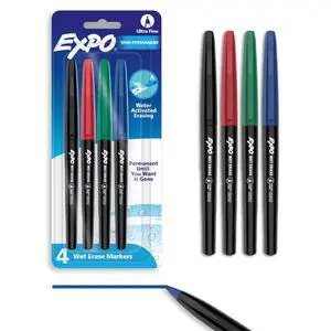 Wet Erase Markers, Semi-Permanent Markers, Assorted, Ultra Fine Point, 4 Count Wet Erase Markers, Semi-Permanent Markers, Assorted, Ultra Fine Point, 4 Count