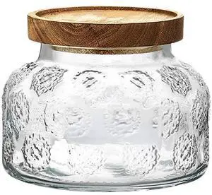 25.4 oz Vintage Glass Food Storage Jar with Snowflake Pattern and Wood Lid 25.4 oz Vintage Glass Food Storage Jar with Snowflake Pattern and Wood Lid