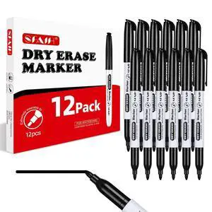 Black Dry Erase Markers Fine Tip, 12 Pack, 1-2mm Line, Low Odor Black Dry Erase Markers Fine Tip, 12 Pack, 1-2mm Line, Low Odor