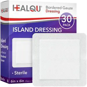Island Dressing - 6"x6", 30 Count - Bordered Gauze Sterile Individually Wrapped Gauze Pads, Water-Resistant, Non-Woven Backing - Soft and Breathable Wound Dressing for First Aid and Medical Island Dressing - 6"x6", 30 Count - Bordered Gauze Sterile Individually Wrapped Gauze Pads, Water-Resistant, Non-Woven Backing - Soft and Breathable Wound Dressing for First Aid and Medical