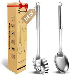 Large Cooking Spoon and Pasta Fork Set, 2 Pack Stainless Steel Serving Spoon, Heat Resistant Kitchen Noodle Spoon for Cooking, Serving, Mixing and Spaghett Large Cooking Spoon and Pasta Fork Set, 2 Pack Stainless Steel Serving Spoon, Heat Resistant Kitchen Noodle Spoon for Cooking, Serving, Mixing and Spaghett
