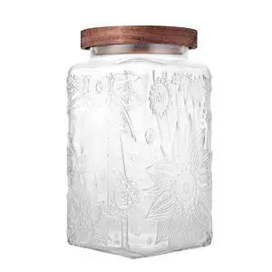 Glass Storage Jars With Airtight Lid, 35oz Container For Kitchen Counter with Wood Lid, brown sugar, candy, coffee, cookie, salt, tea, cute Jar (Large Square Sunflower) Glass Storage Jars With Airtight Lid, 35oz Container For Kitchen Counter with Wood Lid, brown sugar, candy, coffee, cookie, salt, tea, cute Jar (Large Square Sunflower)