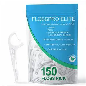 FlossPro Elite 150 Count Dental Floss Picks, 4-in-1 Floss Pick with Toothpick, Tongue Scraper & Interdental Brush, Mint Flavored Floss Pick FlossPro Elite 150 Count Dental Floss Picks, 4-in-1 Floss Pick with Toothpick, Tongue Scraper & Interdental Brush, Mint Flavored Floss Pick