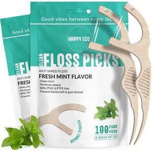 Dental Floss Picks for Teeth (100ct) - Double Thread Tooth Picks Flossers for Adults, Toothpicks Floss, Vegan Corn-Straw Handle, Shred-Resistant String for Interdental Oral Care & Gum Health, Mint Dental Floss Picks for Teeth (100ct) - Double Thread Tooth Picks Flossers for Adults, Toothpicks Floss, Vegan Corn-Straw Handle, Shred-Resistant String for Interdental Oral Care & Gum Health, Mint