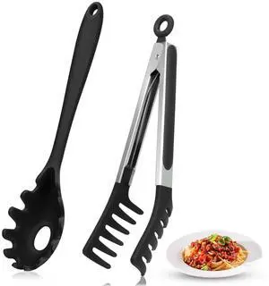Spaghetti Spoon and Pasta Tong with Non-Slip Silicone Teeth, Food Clip for Spaghetti Noodle, Heat Resistant Kitchen Utensils with Storage Holes, Dishwasher Safe Spaghetti Spoon and Pasta Tong with Non-Slip Silicone Teeth, Food Clip for Spaghetti Noodle, Heat Resistant Kitchen Utensils with Storage Holes, Dishwasher Safe