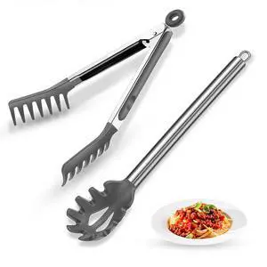 Spaghetti Spoon and Pasta Tong with Teeth and Drain Holes, 2-Piece Non-Stick Silicone Spoon Server Fork with Stainless Steel Handle, Kitchen Tong for Cooking, Serving, Salad and Noodles, Grey Spaghetti Spoon and Pasta Tong with Teeth and Drain Holes, 2-Piece Non-Stick Silicone Spoon Server Fork with Stainless Steel Handle, Kitchen Tong for Cooking, Serving, Salad and Noodles, Grey