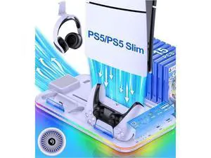 BONAEVER PS5 Slim Stand and Turbo Cooling Station with Controller Charging Station for Playsation 5, PS5 Accessories Kits with Cooling Fan, RGB LED, 15 Game Slot, Headset Holder for PS5 Digital/Disc BONAEVER PS5 Slim Stand and Turbo Cooling Station with Controller Charging Station for Playsation 5, PS5 Accessories Kits with Cooling Fan, RGB LED, 15 Game Slot, Headset Holder for PS5 Digital/Disc