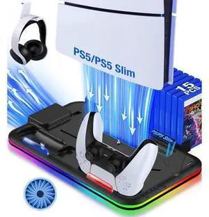 BONAEVER For PS5 / PS5 Slim Stand Cooling Station with Controller Charger for Playstation 5/Slim Console, PS5 Accessories Vertical Stand with Cooling Fan, RGB Light, Headset Holder, 14 Game Slot BONAEVER For PS5 / PS5 Slim Stand Cooling Station with Controller Charger for Playstation 5/Slim Console, PS5 Accessories Vertical Stand with Cooling Fan, RGB Light, Headset Holder, 14 Game Slot