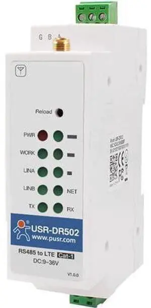 USR-DR502-E Wide Range 4G LTE Cat 1 Modem 9-36V Cost-Effective DIN-Rail with Sim Card Slot Support RS485 Serial Port Built-in 35 Mm DIN Rail Seat (with Adapter) USR-DR502-E Wide Range 4G LTE Cat 1 Modem 9-36V Cost-Effective DIN-Rail with Sim Card Slot Support RS485 Serial Port Built-in 35 Mm DIN Rail Seat (with Adapter)