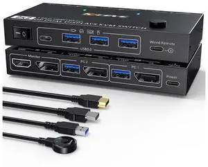 Dual Monitor DisplayPort 1.4 KVM Switch 4K@60Hz for 2 Computers,DP1.4 KVM Switch 2 in 2 Out,Backnward Compatible DP1.2 with DP+UBS Cables and Wired Controller Dual Monitor DisplayPort 1.4 KVM Switch 4K@60Hz for 2 Computers,DP1.4 KVM Switch 2 in 2 Out,Backnward Compatible DP1.2 with DP+UBS Cables and Wired Controller