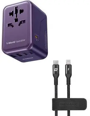 MOMAX Universal Travel Adapter, 65W GaN Travel Plug Adapter with UK/EU/AU/US Plugs, 3USB-C PD & 2USB-A QC, USB C to Lightning Cable Nylon Braided MFI Certified 1ft Short Charging Syncing Cord MOMAX Universal Travel Adapter, 65W GaN Travel Plug Adapter with UK/EU/AU/US Plugs, 3USB-C PD & 2USB-A QC, USB C to Lightning Cable Nylon Braided MFI Certified 1ft Short Charging Syncing Cord