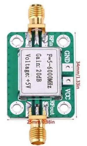 RF ultra-wideband power amplifier with a gain of 20 dB from 5 MHz to 6 GHz. Operating frequency range of 5 - 6000 MHz. Equipped with a shielding shell. RF ultra-wideband power amplifier with a gain of 20 dB from 5 MHz to 6 GHz. Operating frequency range of 5 - 6000 MHz. Equipped with a shielding shell.