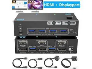 4K@144Hz KVM Switch 2 Monitors 2 Computers 8K@60Hz, HDMI and Displayport Dual Monitor KVM Switch with 4 USB 3.0 Port for Keyboard Mouse Printer,Wired Remote,Power Adapter and USB Cable Included 4K@144Hz KVM Switch 2 Monitors 2 Computers 8K@60Hz, HDMI and Displayport Dual Monitor KVM Switch with 4 USB 3.0 Port for Keyboard Mouse Printer,Wired Remote,Power Adapter and USB Cable Included