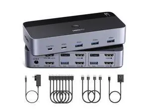UGREEN HDMI KVM Switch 2 Monitors 2 Computers 4K@60Hz, with 4 USB 3.0 Ports for 2 Computers Sharing 2 Monitors Keyboard Mouse Printer with 4 HDMI Cables, 2 USB Cables, Power Adapter and Controller UGREEN HDMI KVM Switch 2 Monitors 2 Computers 4K@60Hz, with 4 USB 3.0 Ports for 2 Computers Sharing 2 Monitors Keyboard Mouse Printer with 4 HDMI Cables, 2 USB Cables, Power Adapter and Controller