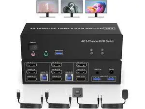 HDMI + 2 Displayport USB 3.0 KVM Switch Triple Monitor for 2 Computers, 4K@60Hz KVM Switch 2 Computers 3 Monitors with Audio Microphone Output and 3 USB 3.0 Ports, Keyboard Mouse Switcher HDMI + 2 Displayport USB 3.0 KVM Switch Triple Monitor for 2 Computers, 4K@60Hz KVM Switch 2 Computers 3 Monitors with Audio Microphone Output and 3 USB 3.0 Ports, Keyboard Mouse Switcher