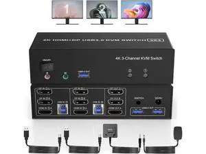 HDMI + 2 Displayport USB 3.0 KVM Switch Triple Monitor for 2 Computers, 4K@60Hz KVM Switch 2 Computers 3 Monitors with Audio Microphone Output and 3 USB 3.0 Ports, Keyboard Mouse Switcher HDMI + 2 Displayport USB 3.0 KVM Switch Triple Monitor for 2 Computers, 4K@60Hz KVM Switch 2 Computers 3 Monitors with Audio Microphone Output and 3 USB 3.0 Ports, Keyboard Mouse Switcher