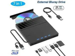 7 in 1 External Blu Ray Drive, USB 3.0 Type-C External Blu ray Player, 50GB BD write support, 3D External Blu Ray Burner with 4 USB A&TF/SD Port, External Optical Drive for Windows Linux Mac OS 7 in 1 External Blu Ray Drive, USB 3.0 Type-C External Blu ray Player, 50GB BD write support, 3D External Blu Ray Burner with 4 USB A&TF/SD Port, External Optical Drive for Windows Linux Mac OS
