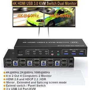 4K@60Hz HDMI KVM Switch 2 Monitors 4 Computers, Supports EDID, Dual Monitor HDMI USB 3.0 KVM Switch with Audio Microphone Output and 3 USB 3.0 Ports,PC Monitor Keyboard Mouse Switcher for 4 PCs 4K@60Hz HDMI KVM Switch 2 Monitors 4 Computers, Supports EDID, Dual Monitor HDMI USB 3.0 KVM Switch with Audio Microphone Output and 3 USB 3.0 Ports,PC Monitor Keyboard Mouse Switcher for 4 PCs