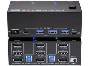 KVM Switch 3 Monitors 2 Computers 8K@60Hz/4K@120Hz, Triple Monitors HDMI KVM Switches for 2 PC Sharing 3 Monitor and Keyboard Mouse with Power Adapter, Wired Extend Controller & USB 3.0 Cables KVM Switch 3 Monitors 2 Computers 8K@60Hz/4K@120Hz, Triple Monitors HDMI KVM Switches for 2 PC Sharing 3 Monitor and Keyboard Mouse with Power Adapter, Wired Extend Controller & USB 3.0 Cables
